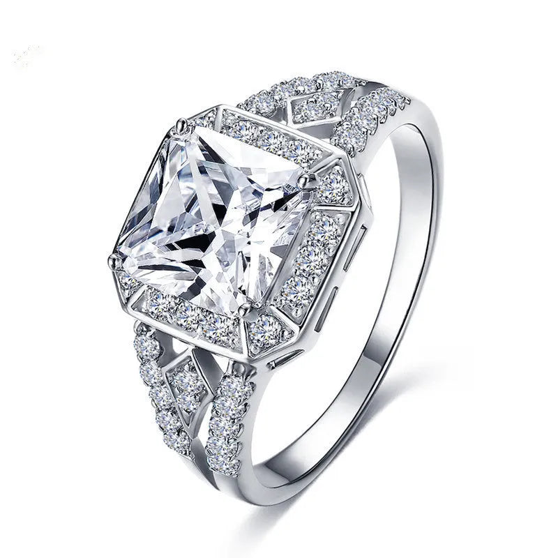 Women's geometric hollow zircon ring with platinum colour finish and quadrilateral design