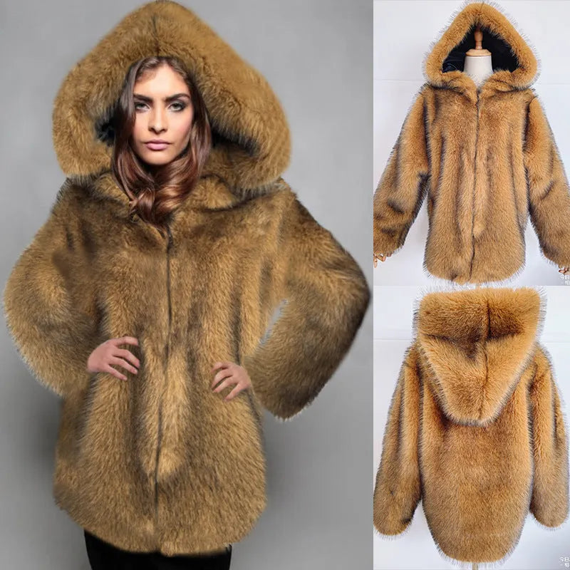 Women's silver grey artificial fur coat with a loose fit and mid-length 65cm silhouette.