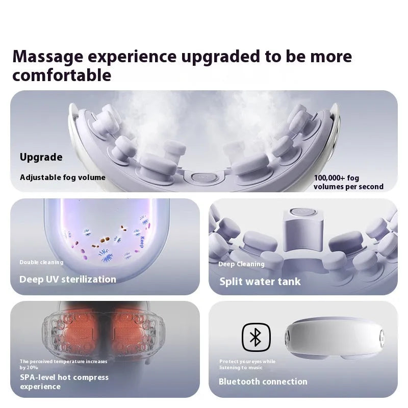 Rechargeable Bluetooth eye hot compress and massage mask in purplish grey, shown with data cable.