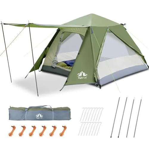 Dark green automatic instant two-person camping tent with deployed frame