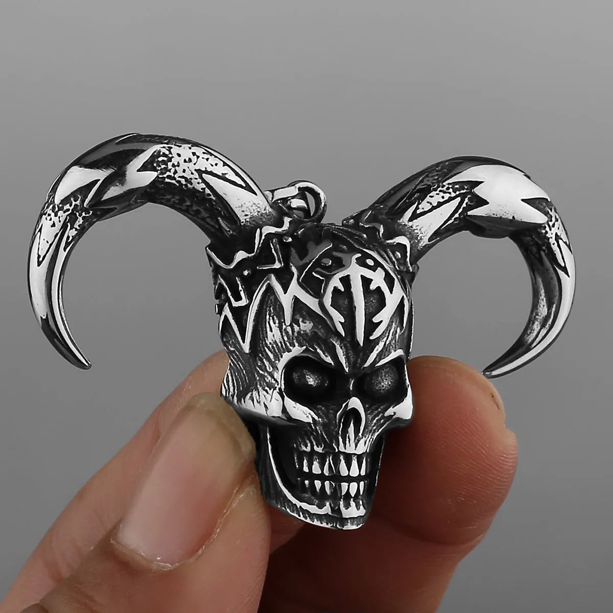 Polished titanium steel skull pendant ghost head chain necklace for men, 50cm length shown