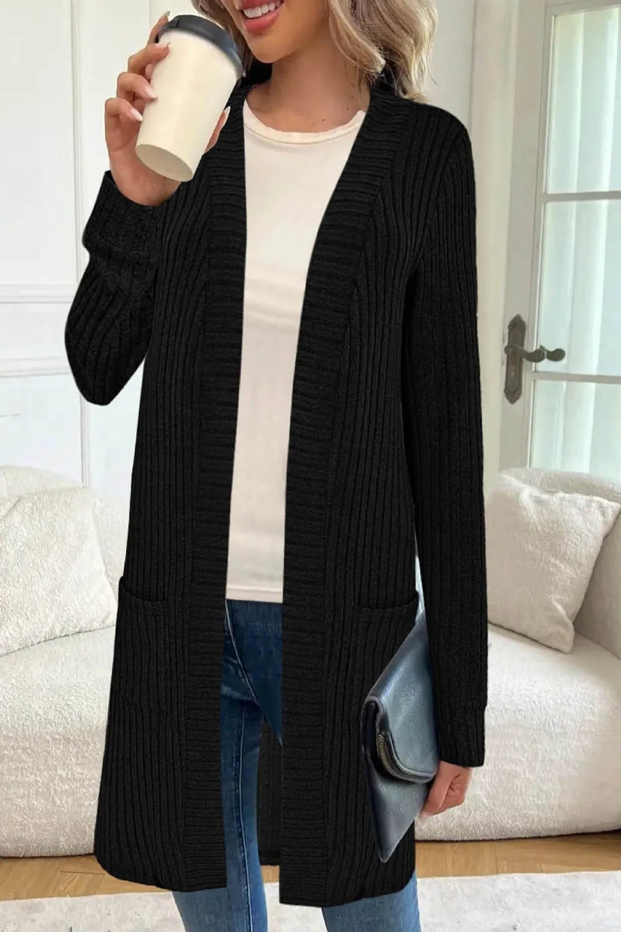 Long sleeve loose fit cardigan jacket with front pockets in polyester fabric