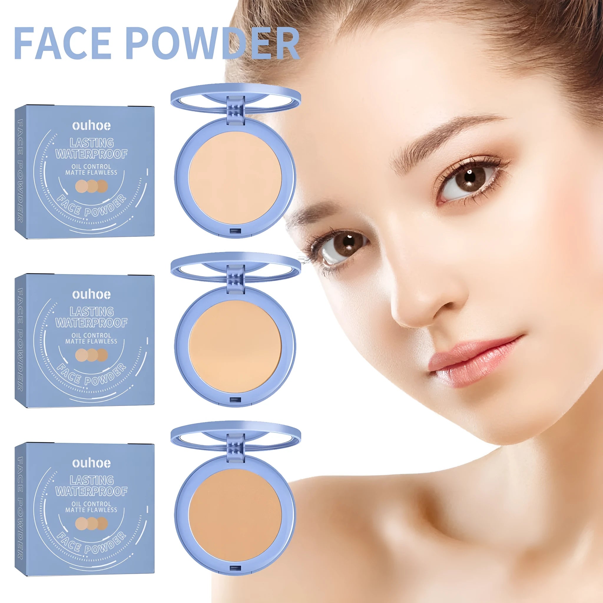 8g finishing powder makeup with powder fan applicator in natural beige, pure beige and classic ivory shades