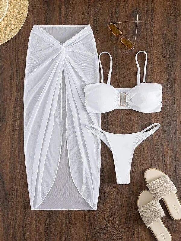 Women's solid colour three-piece bikini set with long culottes skirt, bra, and panties
