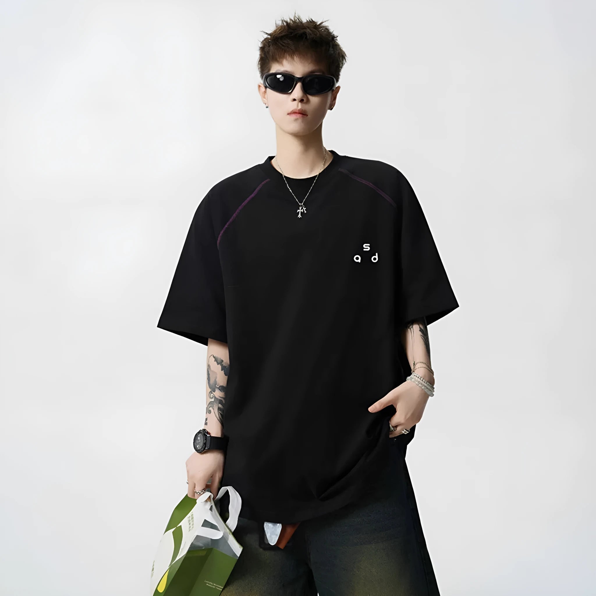Cotton letter print short-sleeve t-shirt in loose fit with round neck