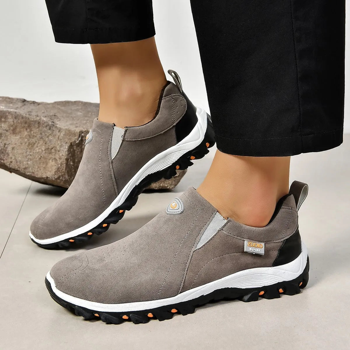 Men's round toe thin slip-on shoes in multiple colours on a white background.