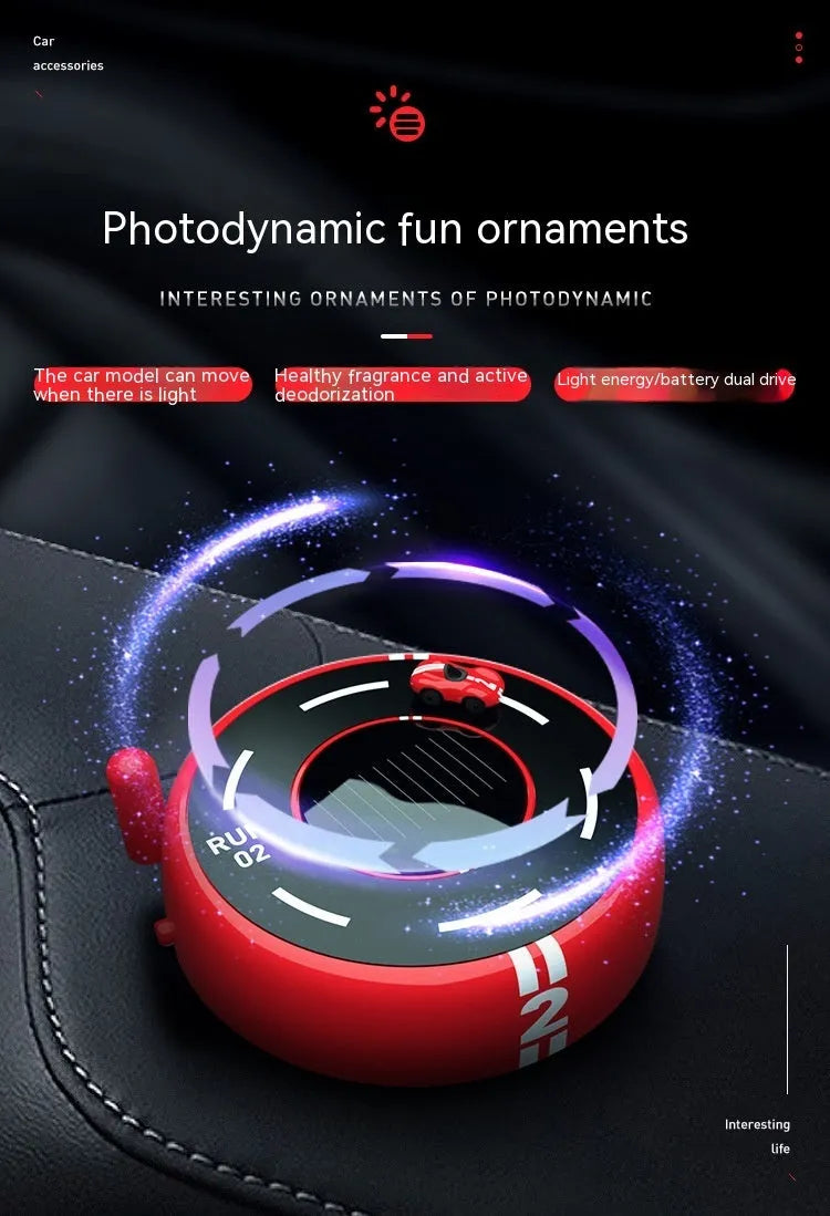 Round solar-powered car air freshener and decorative light in black, red or white modern design