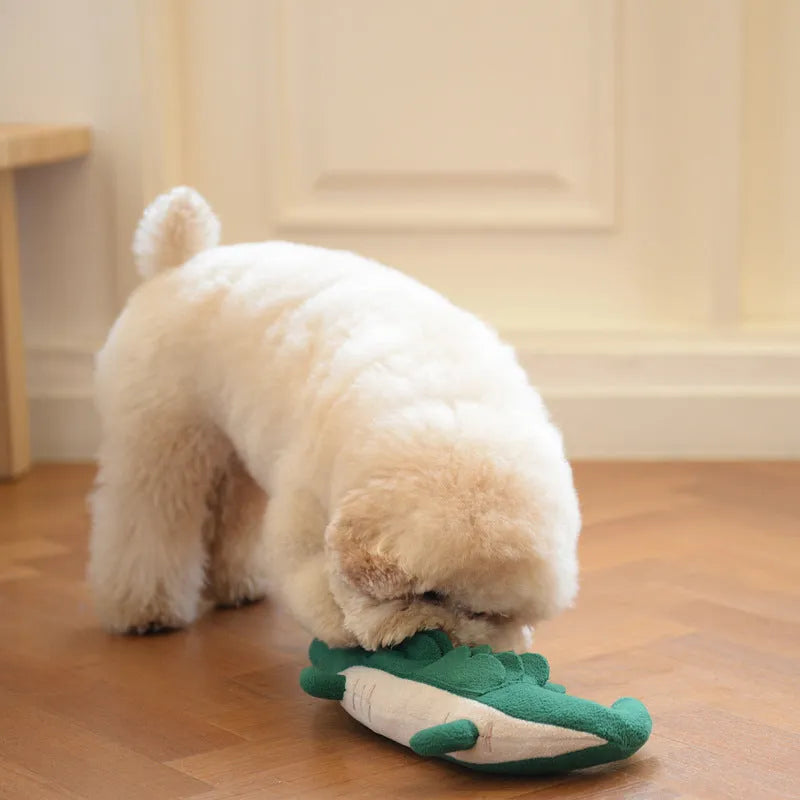 Green plush toy dog with soft fabric and beanbag weight for stability