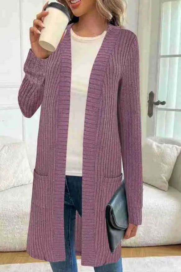 Long sleeve loose fit cardigan jacket with front pockets in polyester fabric