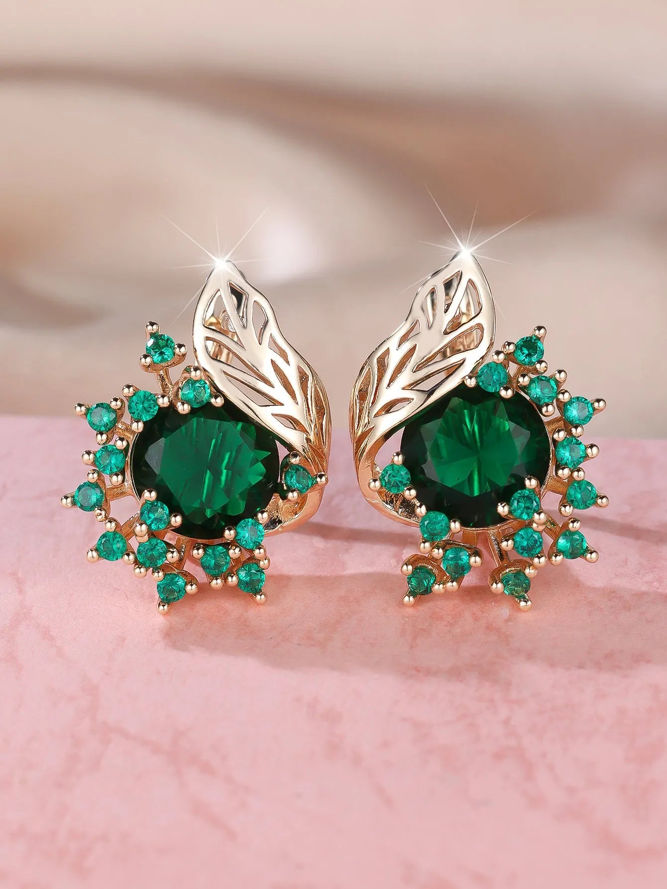Women's round flowers feather zircon earrings with champagne gold electroplating and six gemstone colour options