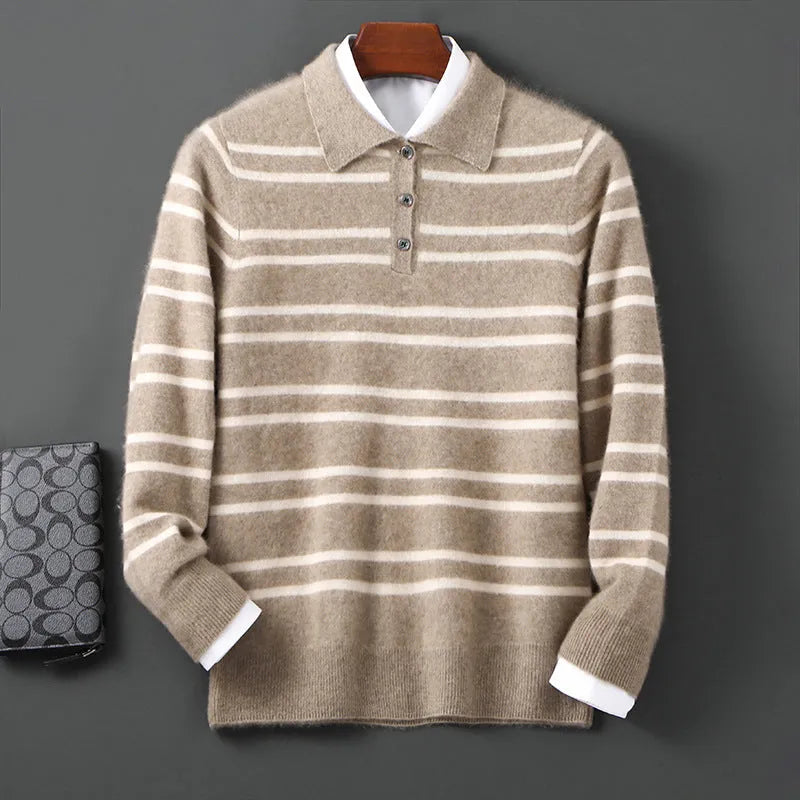 Lapel pure wool striped half button pullover sweater in camel colour on a model