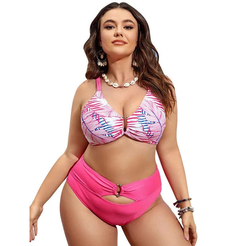 Plus size pink floral vintage bikini with strapped top for women.