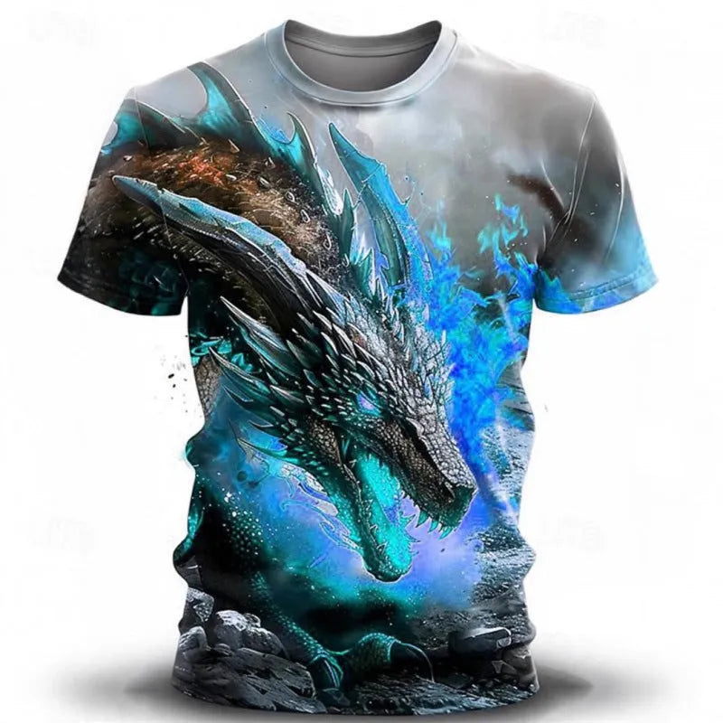 Men's grey casual t-shirt featuring a detailed 3D wind dragon print on the chest, short sleeves.