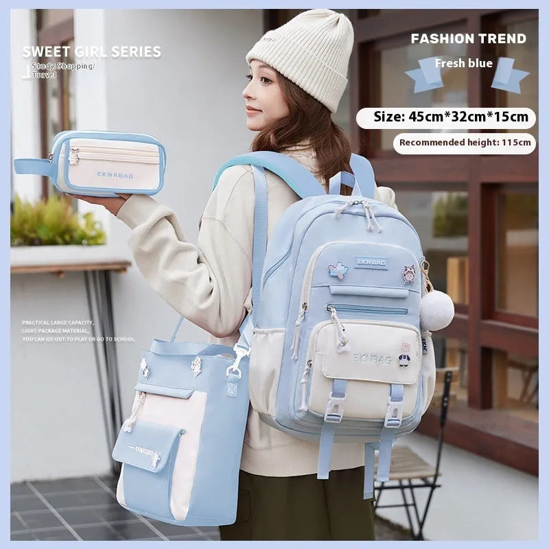 Girls waterproof Oxford cloth school backpack with curved straps and spine protection in solid colours for grade 5-6 students