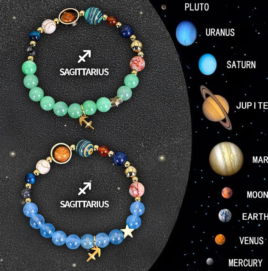 A pair of natural stone beaded bracelets from a twelve-piece zodiac sign collection.