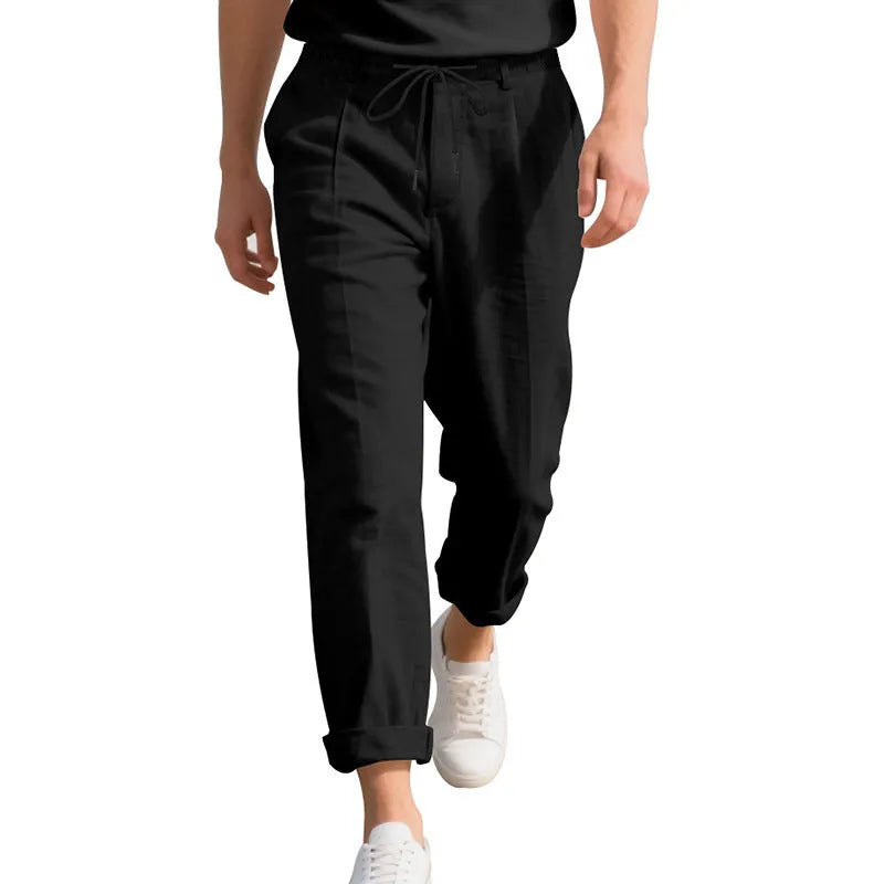Men's casual linen trousers in light khaki colour with drawstring waist and straight leg