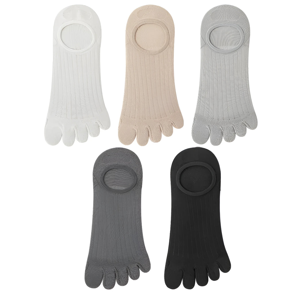 Men's five-finger invisible socks in modal fabric, showing the separated toe design and available colour options.