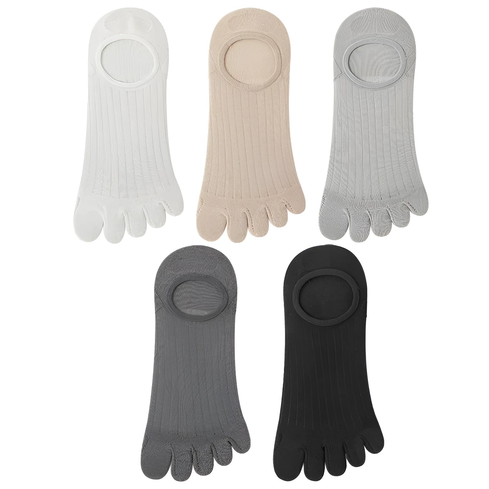 Men's five-finger invisible socks in modal fabric, showing the separated toe design and available colour options.