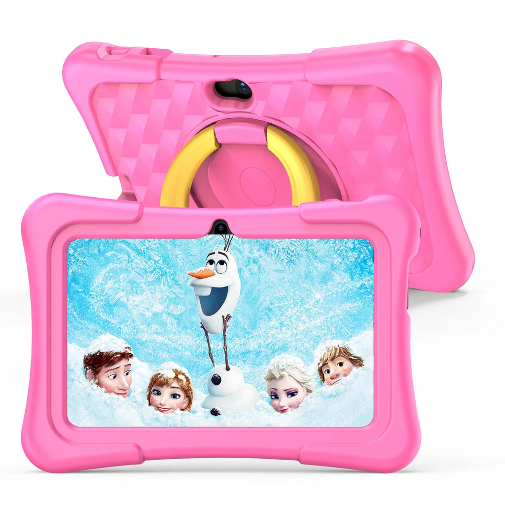 7-inch pink children's educational tablet with silicone protective cover showing screen display