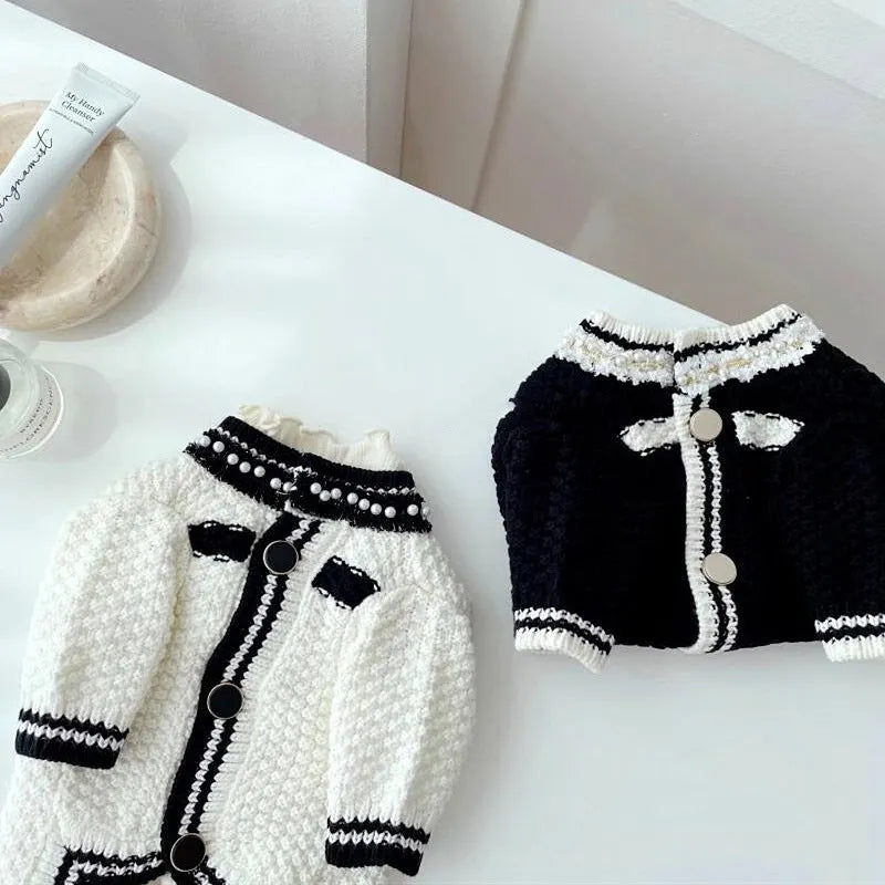Korean style puppy sweater with pearl collar in classic black and white colours for small dogs