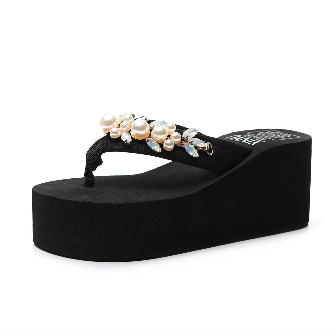 Women's black and beige high-heeled flip-flops with cotton cloth uppers showing size options