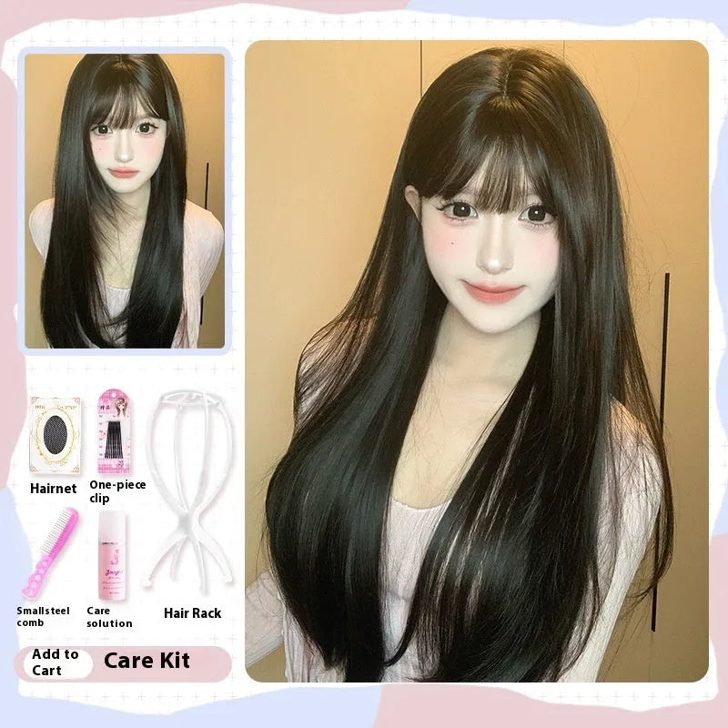 Dark brown women's wig with long straight hair and bangs for round face shapes
