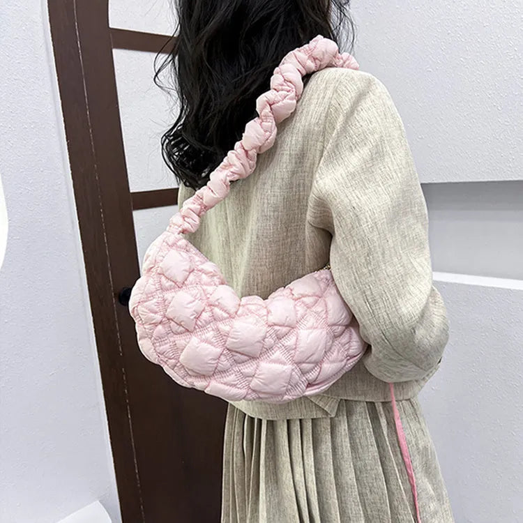 Women's nylon shoulder messenger bag in beige colour showing adjustable strap and dimensions
