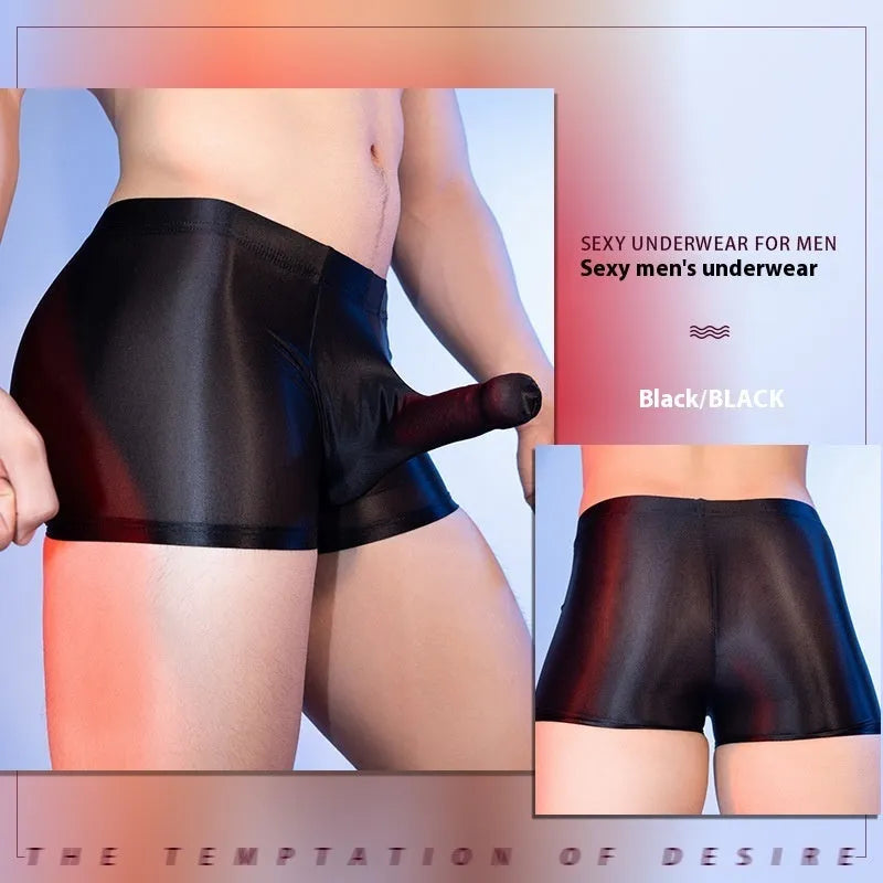 Seamless men's boxers in red nylon fabric with mid waist and elephant nose pouch design.