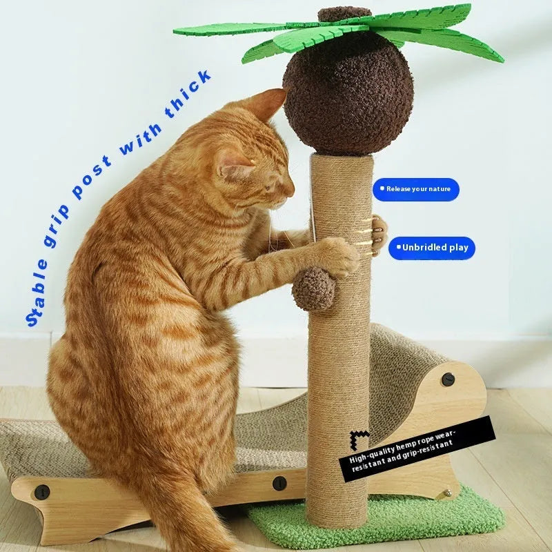 Wooden beach chair style cat climbing frame nest with a central hemp-wrapped scratching post.