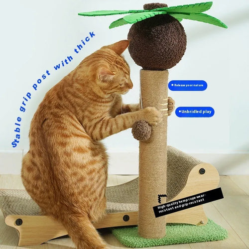 Wooden beach chair style cat climbing frame nest with a central hemp-wrapped scratching post.