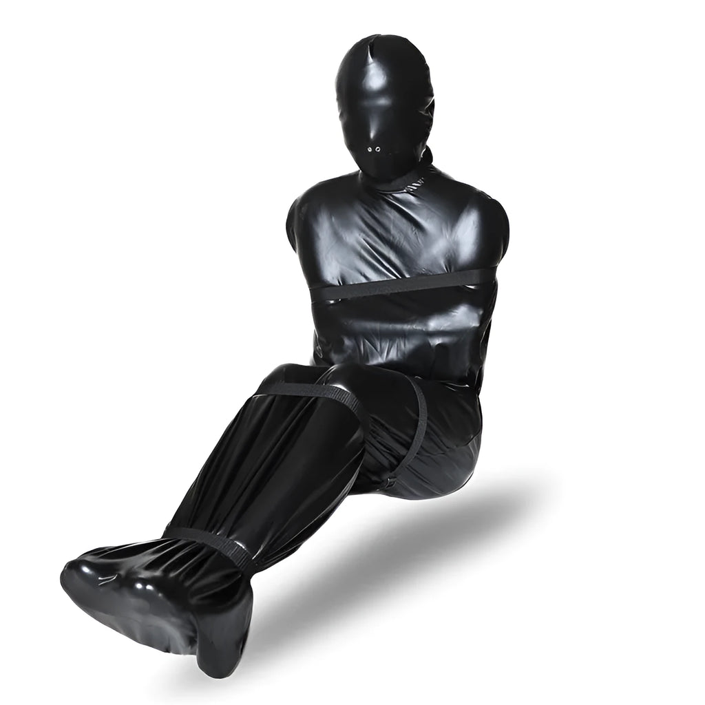 Black patent leather all-inclusive nostril clothing set with six ratchet tie down straps for BDSM restraint