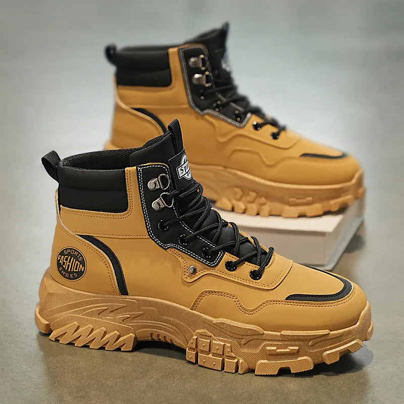 Men's black and yellow artificial PU Martin boots with a mid-height heel and injection moulded sole.