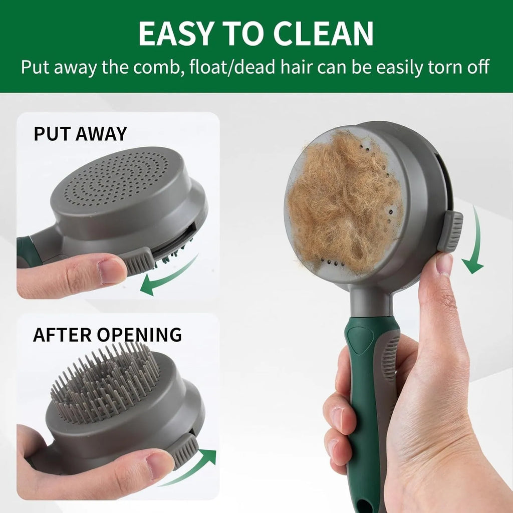 Green two-sided silicone pet brush with retractable slicker on one side and octopus-teethed massager on the other