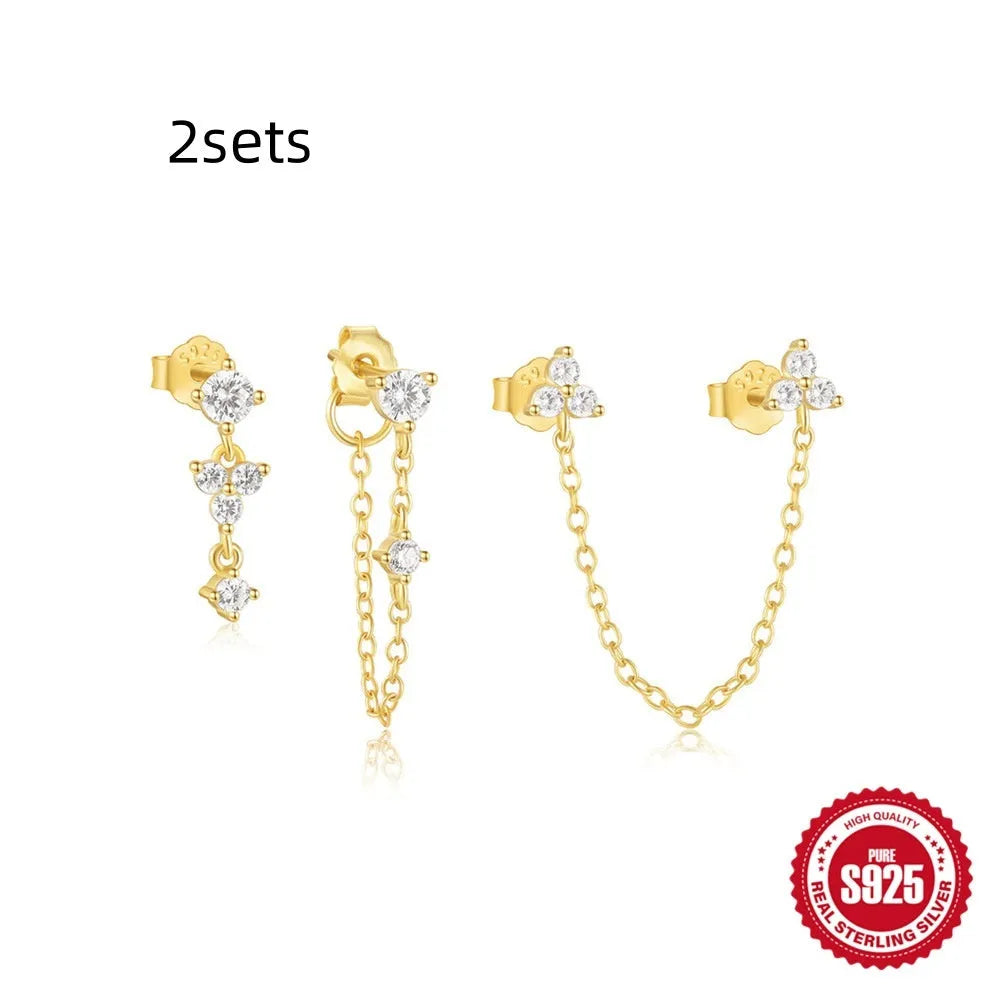 Set of three S925 sterling silver geometric zircon tassel earrings in a gold colour.