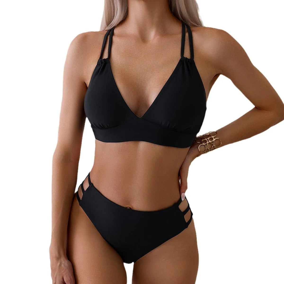 Women's black V-neck halter bikini with split-style shorts on a mannequin.