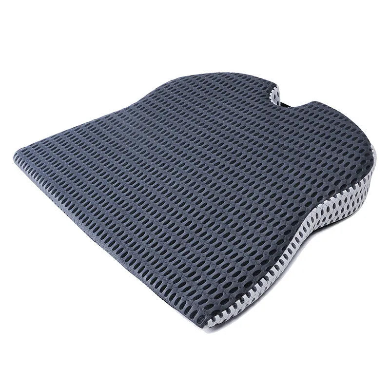 Memory foam seat cushion with strap fastening in black, grey, or milky white for car and office chairs.