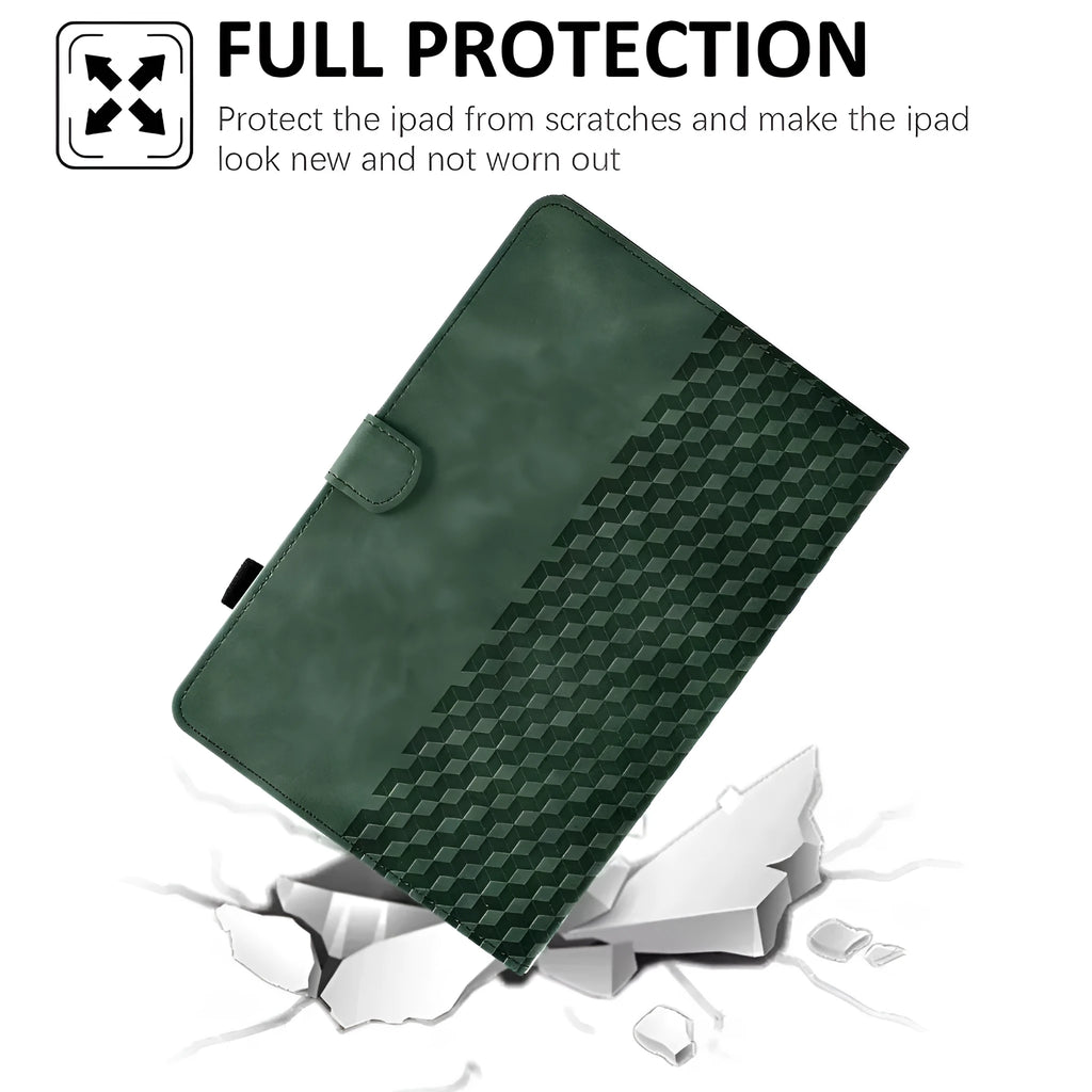 Leather iPad case with card holder slot showing diamond embossed pattern in black colour
