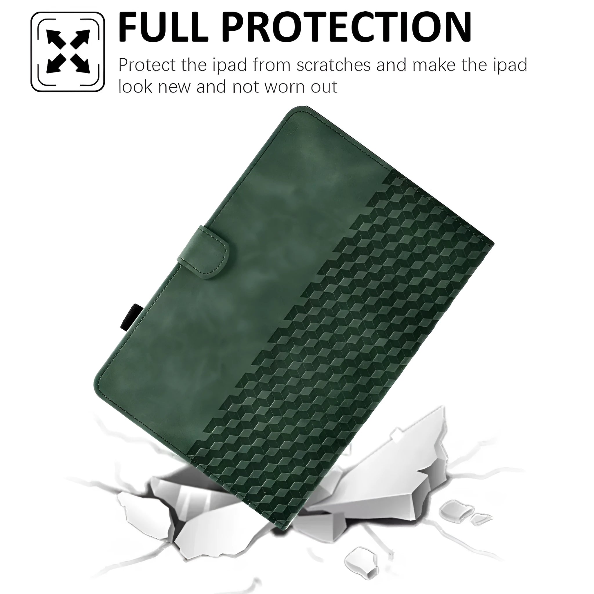 Leather iPad case with card holder slot showing diamond embossed pattern in black colour