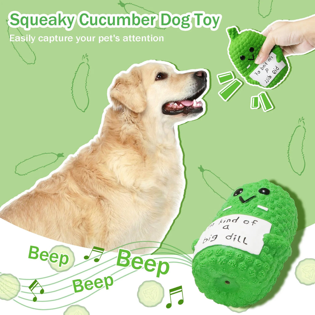 Green pickle-shaped latex dog chew toy with textured exterior and squeaker