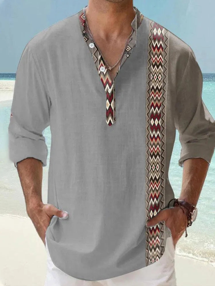 Thin striped Hawaiian long sleeve shirt in polyester fabric on a hanger