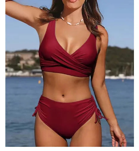 Women's cross-strap bikini swimsuit in solid colours with nylon fabric