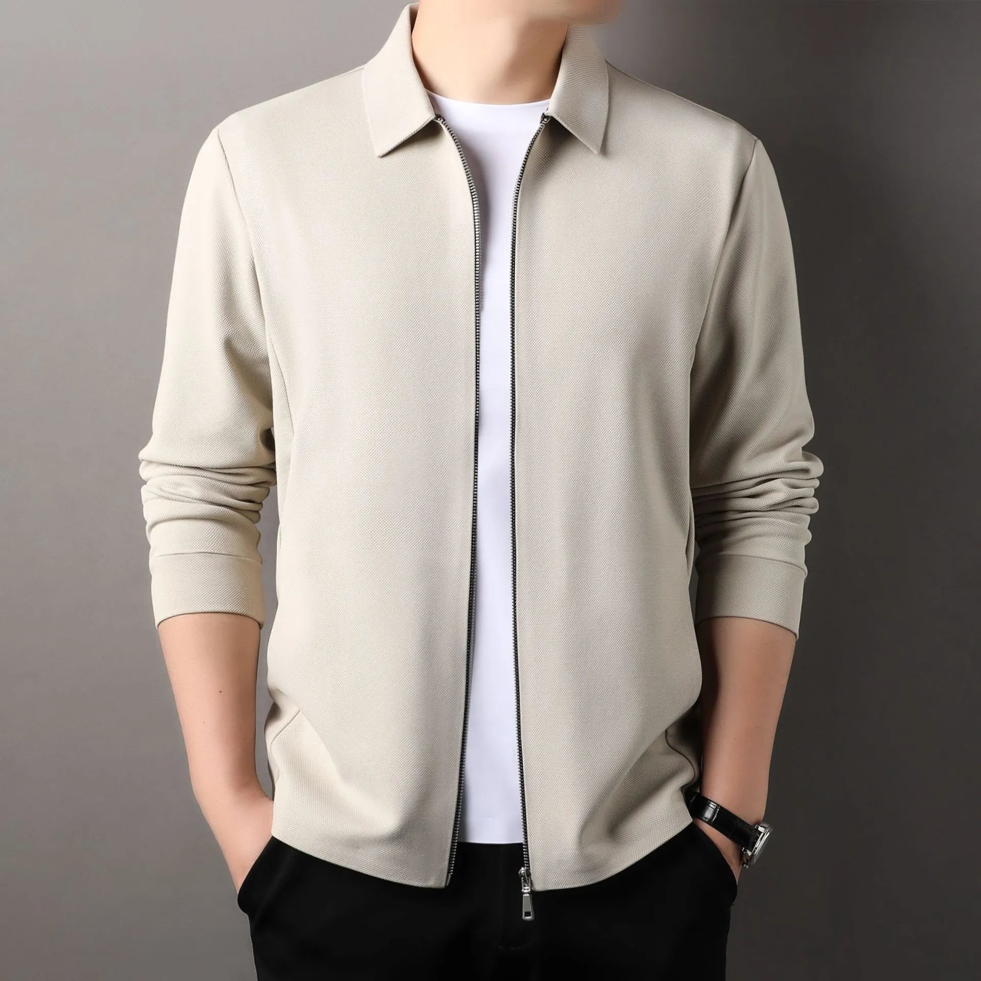 Men's polyester jacket in apricot, black, or dark grey with straight hem and regular sleeves.