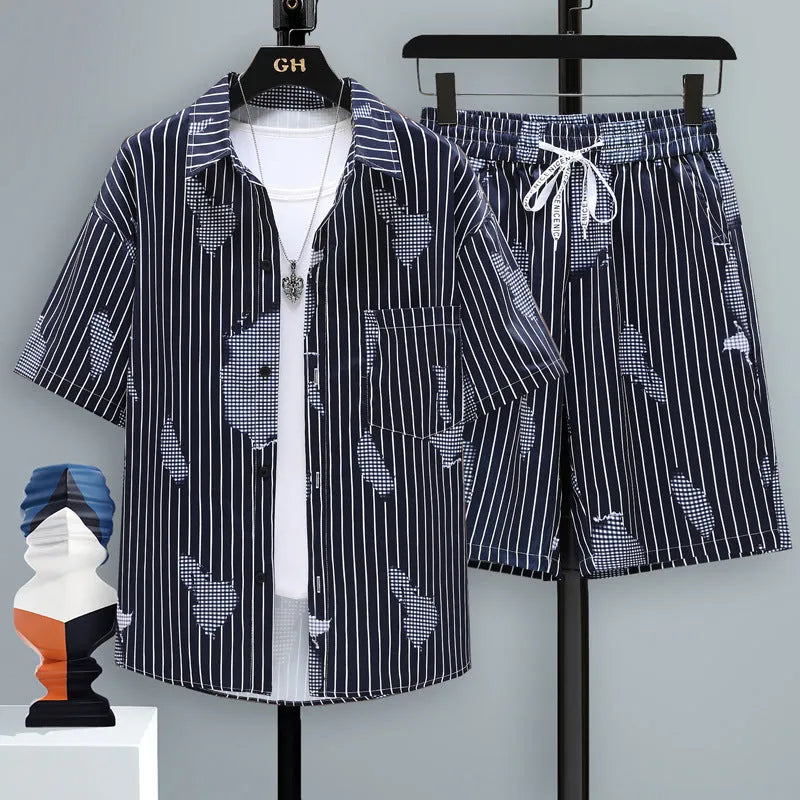 Men's casual two-piece shorts set in polyester, showing short-sleeve top and matching shorts.
