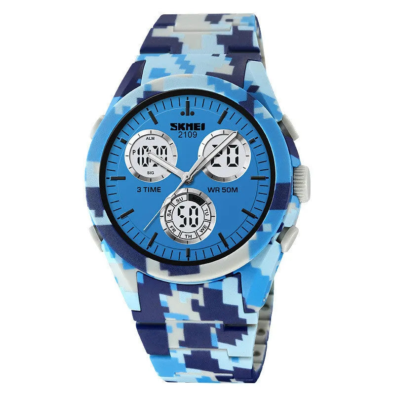 Electronic casual watch with camouflage pattern, resin mirror, and TPU strap showing 50m waterproof rating