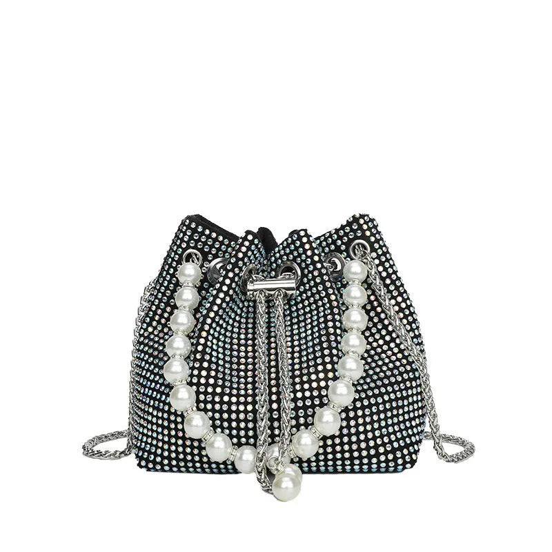 Women's soft PU light diamond decorated crossbody shoulder bag with chain strap in bucket shape.