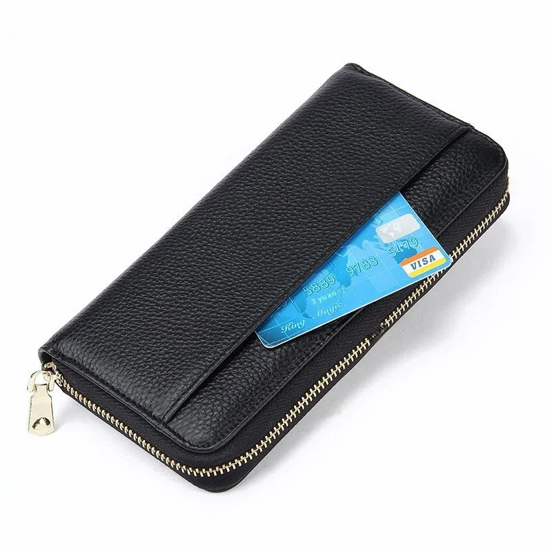 Long genuine leather women's wallet in six colours with anti-theft card swiping feature
