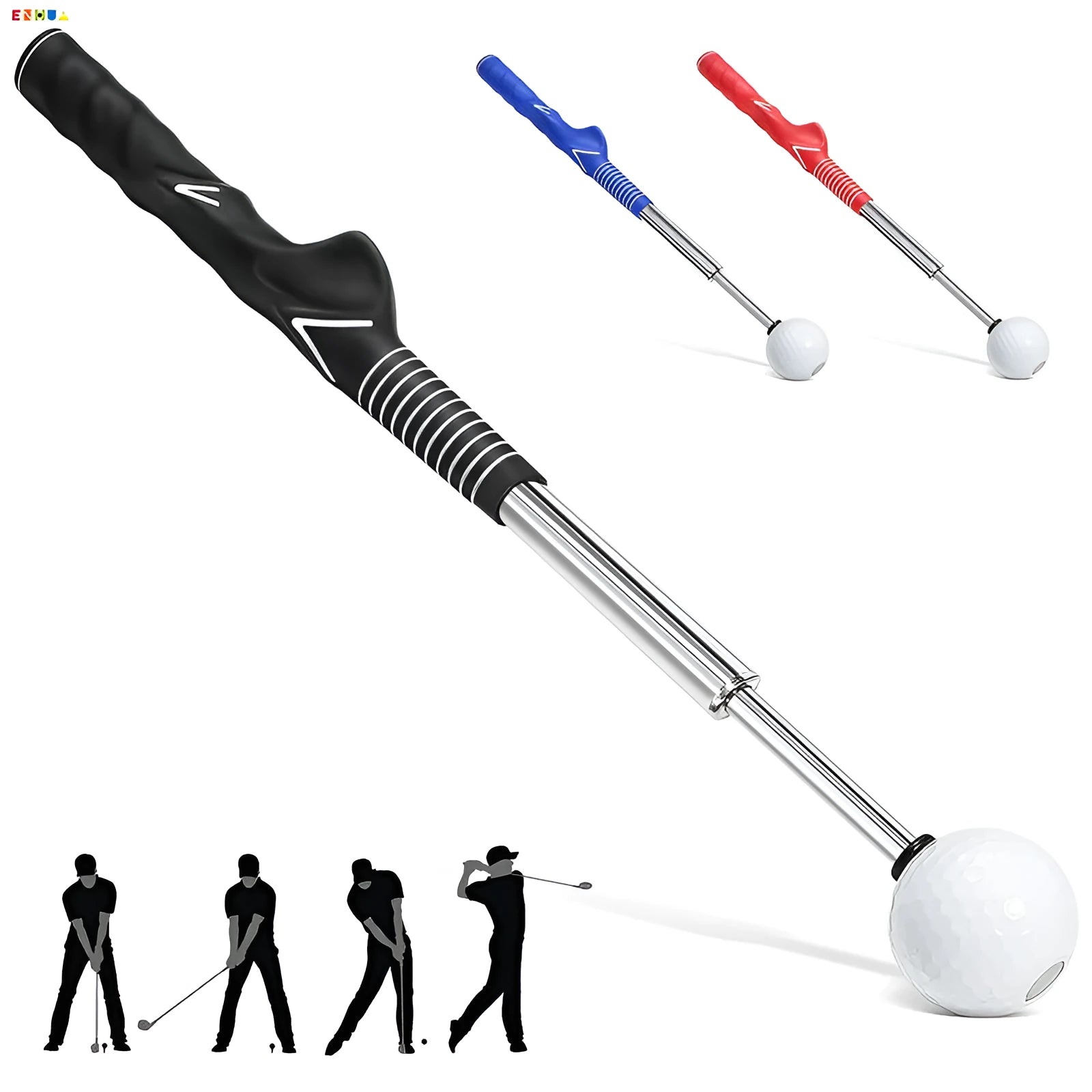 Stainless steel telescopic golf swing trainer in black, blue, and red colour options.