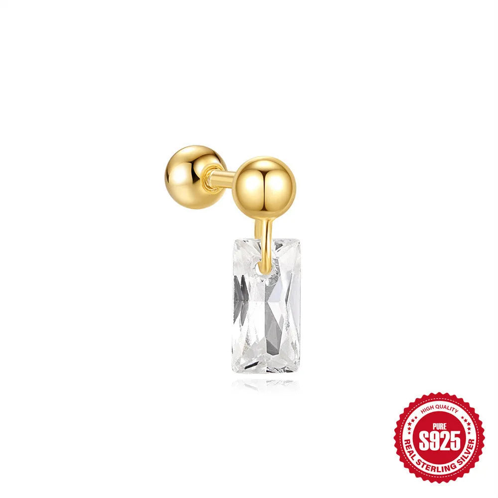 S925 sterling silver square gravel stud earrings with red flower design in golden electroplated finish