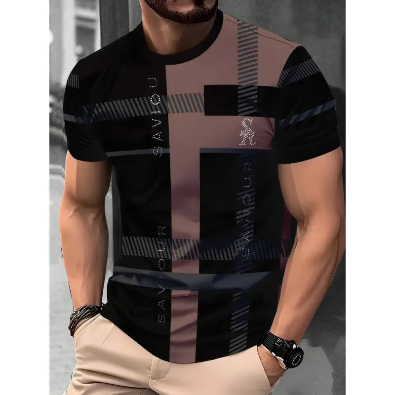 Men's loose fit casual T-shirt with digital 3D printed stripe pattern, short sleeves, polyester fabric
