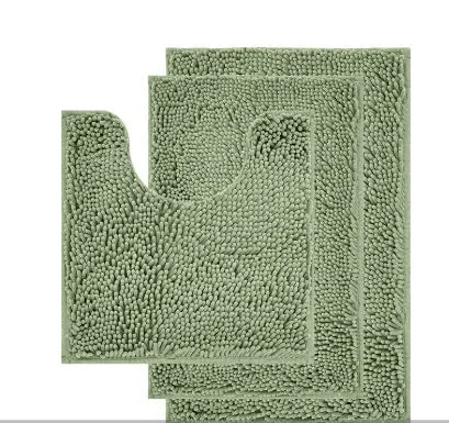Chenille three-piece toilet mat set with U-shaped toilet seat cover in green colour options